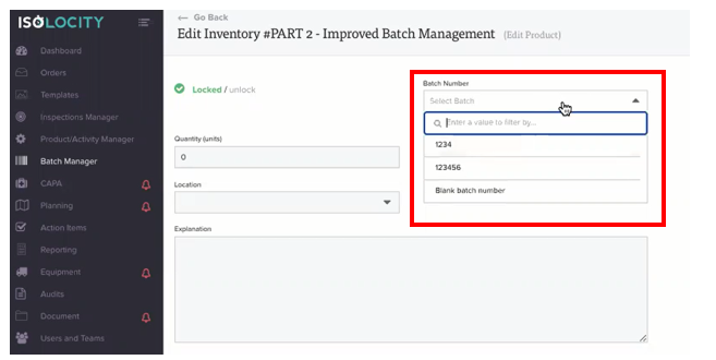 batch specific inventory tracking quality management system